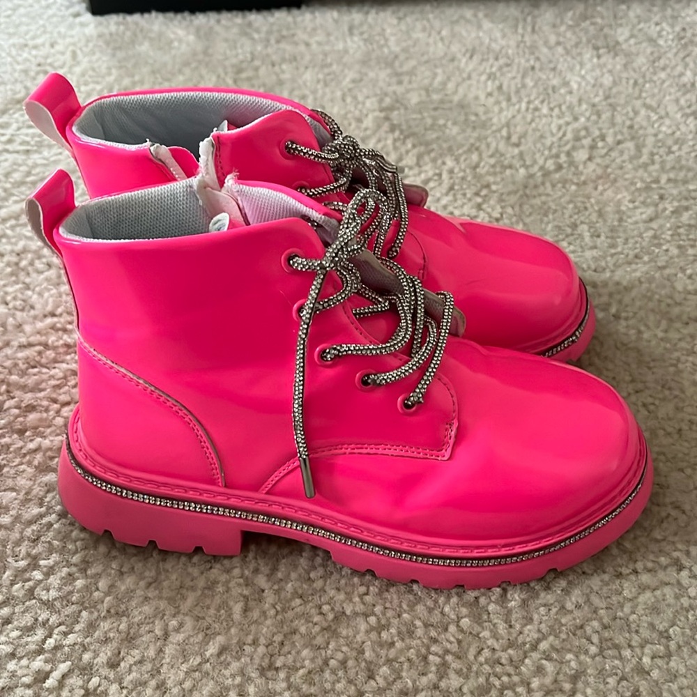 Lola and the Boys neon pink and faux crystal combat boots - size 3